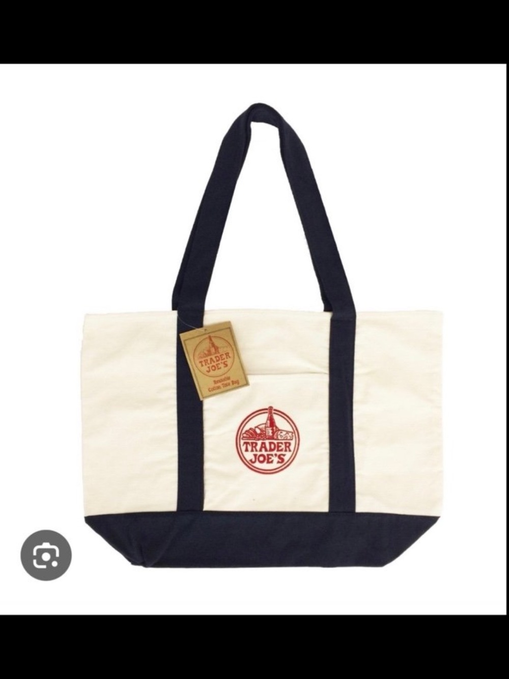 Trader Joe's Canvas Tote Bag in Natural and Navy with Red Logo